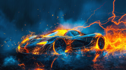 Electrified Fury A High-Performance Sports Car Engulfed in Flames and Lightning, Racing Through a Stormy Night