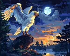Visualize a majestic griffin showing off its martial arts prowess in a serene moonlit forest, experimenting with pixel art and glitch art for a modern twist on legendary folklore