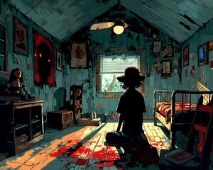 Visualize the unsettling juxtaposition of personal life horror thrills in a vector art style Show a creepy doll collection, a shadowy figure lurking in a bedroom, and a chilling attic scene