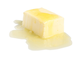 Piece of melting butter on white background