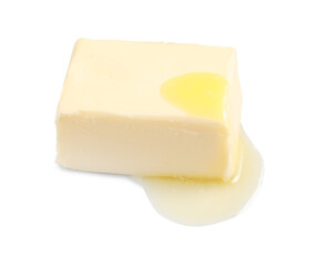 Piece of melting butter on white background