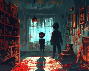 Visualize the unsettling juxtaposition of personal life horror thrills in a vector art style Show a creepy doll collection, a shadowy figure lurking in a bedroom, and a chilling attic scene