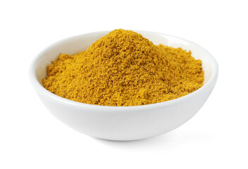 Dry curry powder in bowl isolated on white