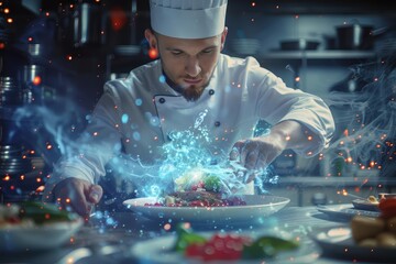 Amazing of a chef with Glow HUD big icon of gourmet dishes