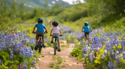 Family biking in nature, enjoying the outdoors and staying active.