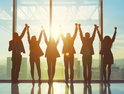 Business team raising their arms in triumph after a successful project completion Copy space for text