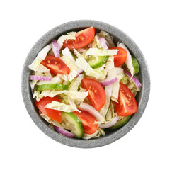 Tasty salad with Chinese cabbage, tomato and cucumber in bowl isolated on white, top view