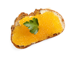 Tasty sandwich with pike caviar and parsley isolated on white