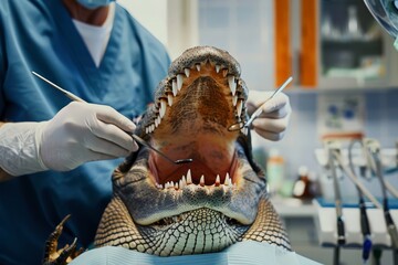 Dentistry for household pets. Conceptual advertising photo. Crocodile with open mouth at dentist's office getting treatment. Animal dentistry, oral hygiene, animal dental care, veterinary, treatment.