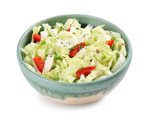 Tasty salad with Chinese cabbage, bell pepper and green onion in bowl isolated on white