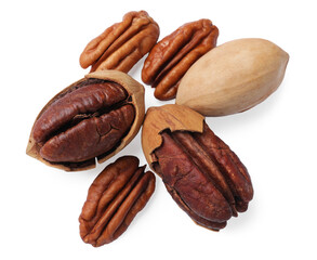 Many tasty pecan nuts isolated on white