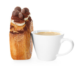 Round croissant with chocolate chips and cup of coffee isolated on white. Tasty puff pastry