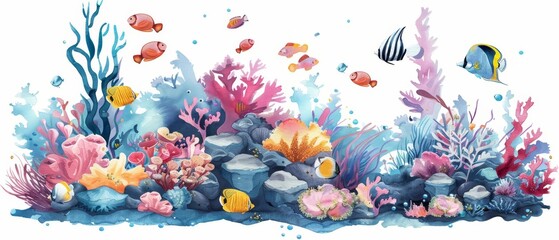 Cute watercolor of a bustling coral reef, alive with colorful fish and waving corals, in kawaii styles, clipart kawaii watercolor on white background