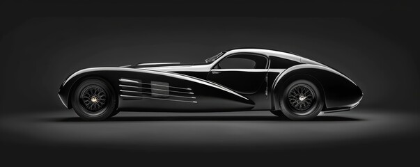 Emphasize the sharp lines and curves of the highend black car set against a black background