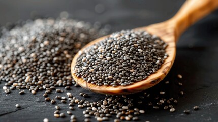 Healthy chia seeds on a wooden spoon