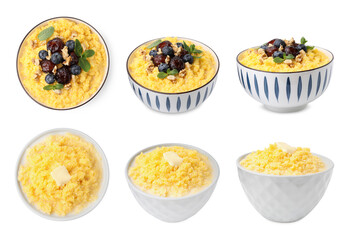 Set with delicious cornmeal porridge in bowls isolated on white, top and side views
