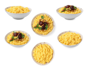 Set with delicious cornmeal porridge in bowls isolated on white, top and side views