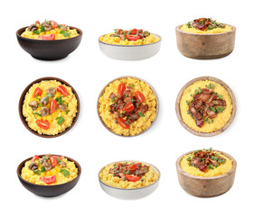 Set with delicious cornmeal porridge in bowls isolated on white, top and side views