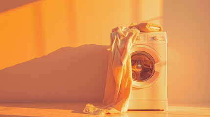 modern home laundry setup with washing machine and clean towels in warm light, with copy space for text