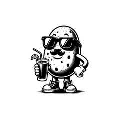 mascot potato wearing sun glasses drinking juice vector illustration