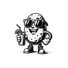mascot potato wearing sun glasses drinking juice vector illustration