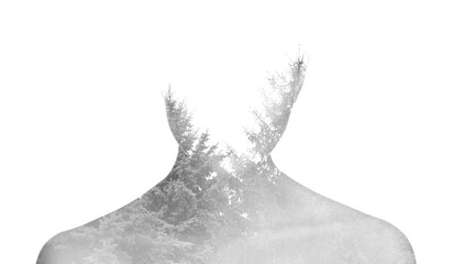 Double exposure of woman and trees on white background, black and white effect