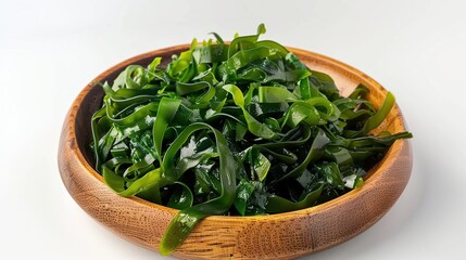 konbu alga Laminaria Kelp Seaweed in wood wooden plate Isolated on White Background. Generative Ai