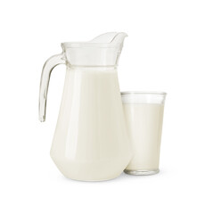 Glass and jug with milk isolated on white