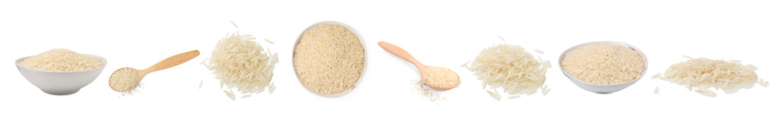 Set with uncooked rice isolated on white, top and side views