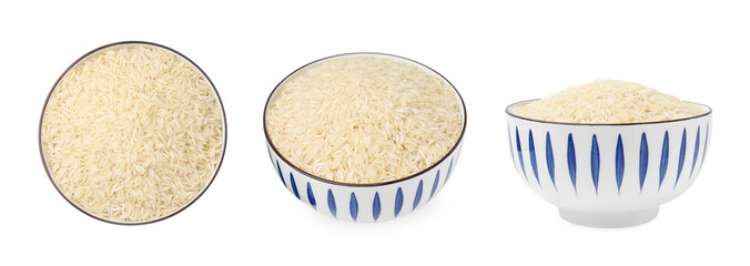Set with uncooked rice in bowl isolated on white, top and side views