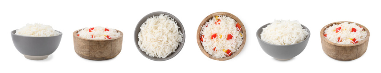 Set with tasty rice in bowls isolated on white, top and side views