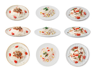 Set with tasty rice isolated on white, top and side views
