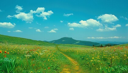 A pretty mountain scene with a dirt path winding through a colorful meadow of flowers, leading to big mountains against a blue sky with fluffy clouds