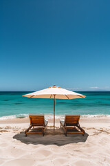 tropical vacation background. Sundbeds under the sun shade on sandy tropical beach. High quality photo