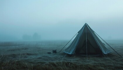 camping tent set up in a misty, foggy field or meadow. The scene has a somber, almost eerie quality, with the tent being the only visible structure in the midst of the thick fog.