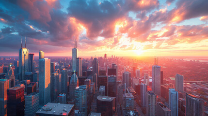 A vivid sunset casts golden light over Chicago's skyscrapers against a backdrop of dramatic clouds.