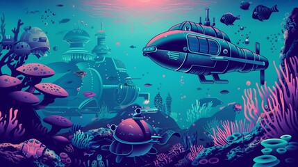 Fototapeta premium Futuristic Pop art style of an underwater habitat