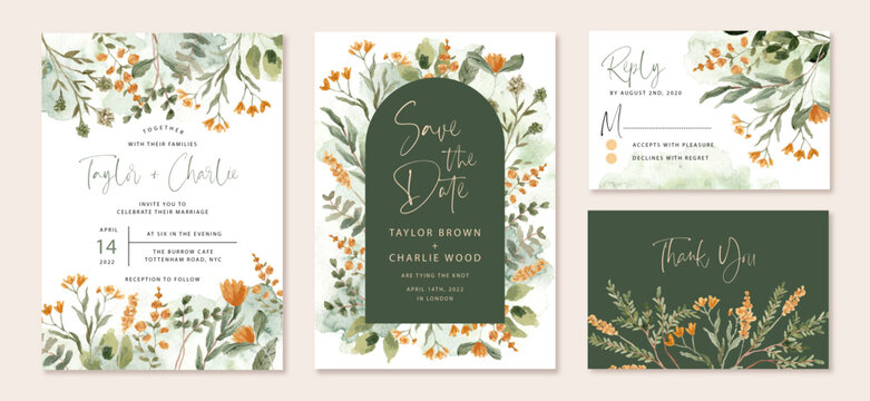 wedding invitation set with yellow orange green watercolor floral frame