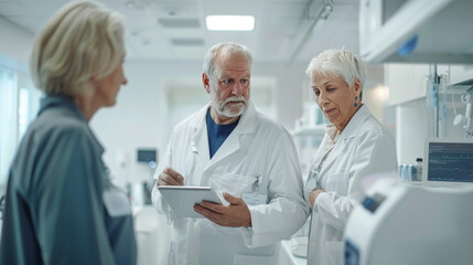 Two experienced doctors in a hospital discussing treatment options with an elderly female patient.