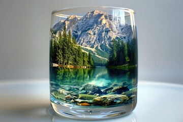 Glass drinkware with a picturesque mountain and lake liquid motif