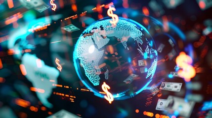 a futuristic banner image of a world planet globe in glass with money and dollar symbols floating in the air