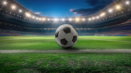 Naklejka premium A football rests on the grass of a soccer field under the sky