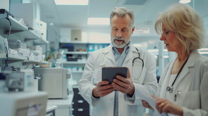 Obraz premium An elderly male pharmacist reviews data on a tablet with a female colleague in a modern pharmacy.
