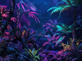 Look strange of biology, exploring a neon jungle where fluorescent plants and bioluminescent animals thrive, captured in watercolor styles with a sharpen cinematic look