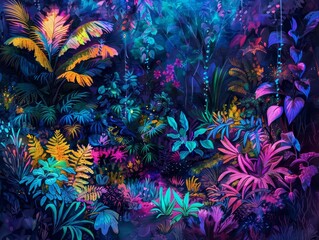 Look strange of biology, exploring a neon jungle where fluorescent plants and bioluminescent animals thrive, captured in watercolor styles with a sharpen cinematic look
