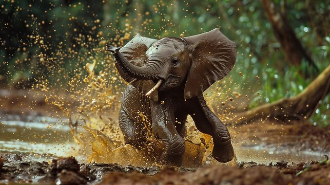 Playful Baby Elephant in Mud Puddle  
