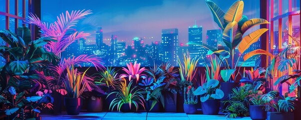 Neon color of an urban rooftop garden, visualized in paper art styles, with plants lush and vivid against a synth wave backdrop