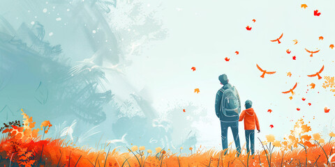 Illustration of father and son walking, father's day, fatherhood