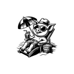 mascot pig chill in beach vector illustration