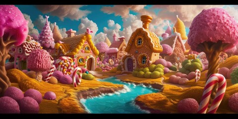 Naklejka premium A whimsical and colorful candy village with houses made of confectionery delights and a river flowing with liquid sweetness. Resplendent.